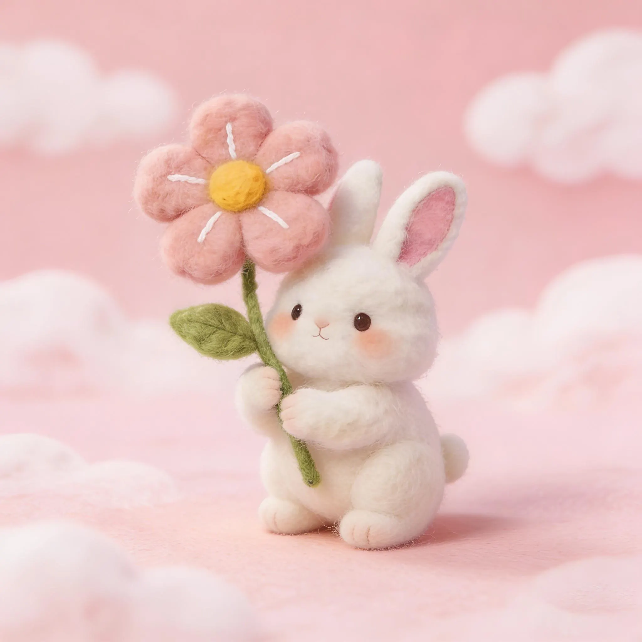 Adorable Felt Rabbit Holding a Flower, Handmade Needle-Felted Craft