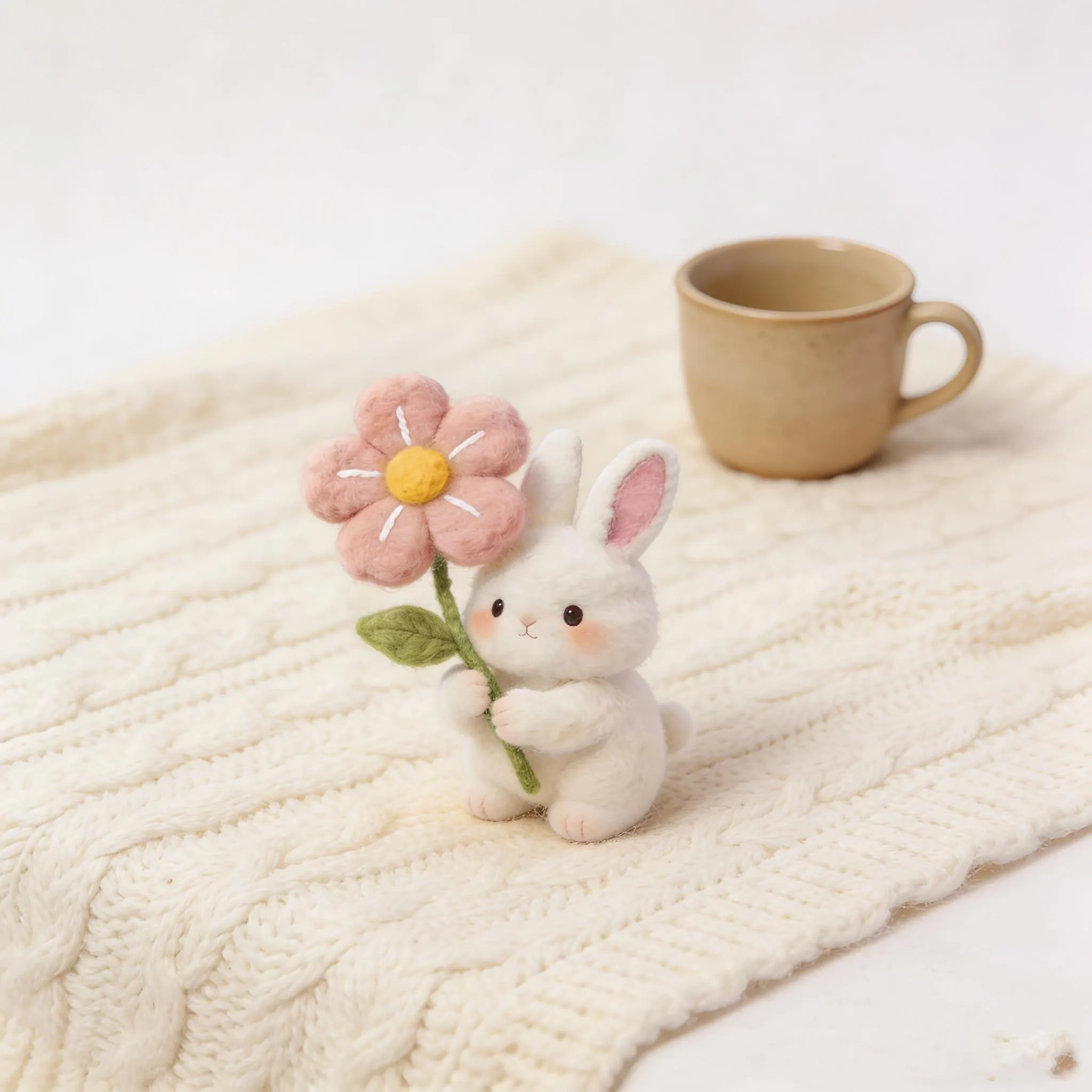 Adorable Felt Rabbit Holding a Flower, Handmade Needle-Felted Craft