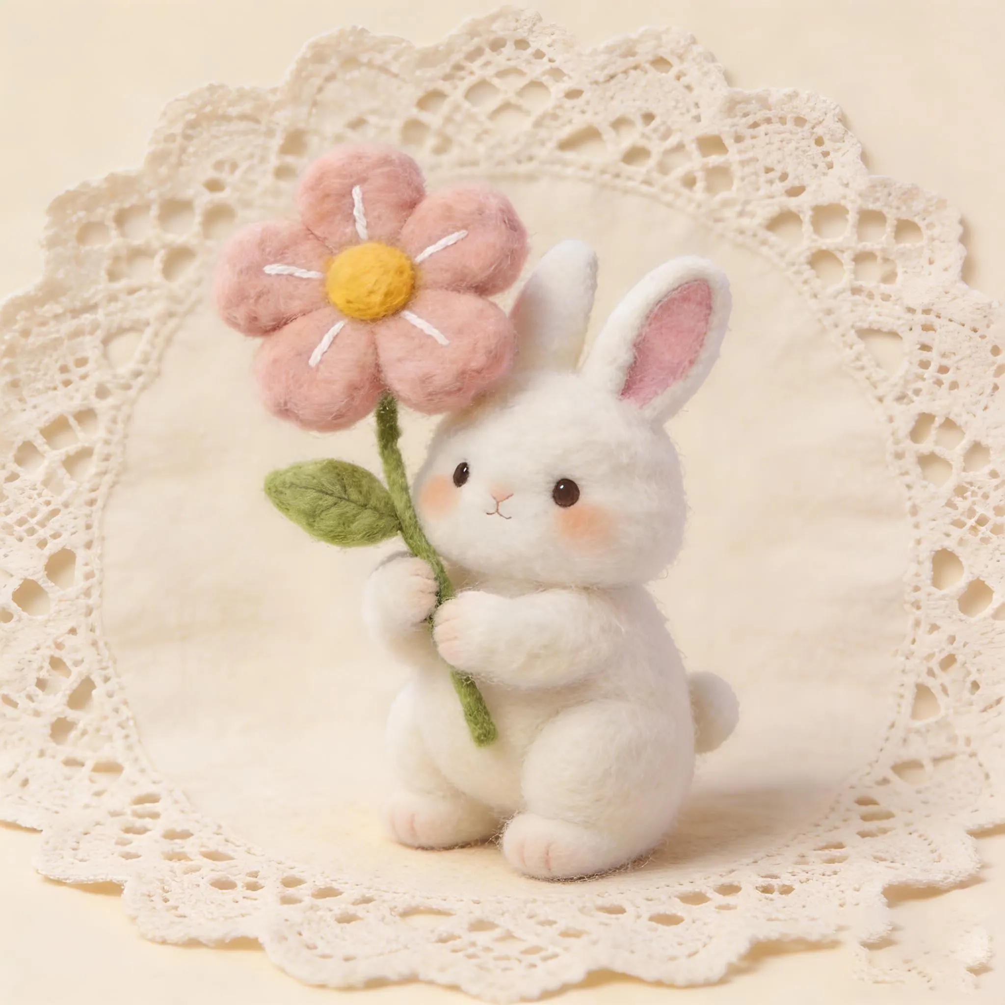 Adorable Felt Rabbit Holding a Flower, Handmade Needle-Felted Craft