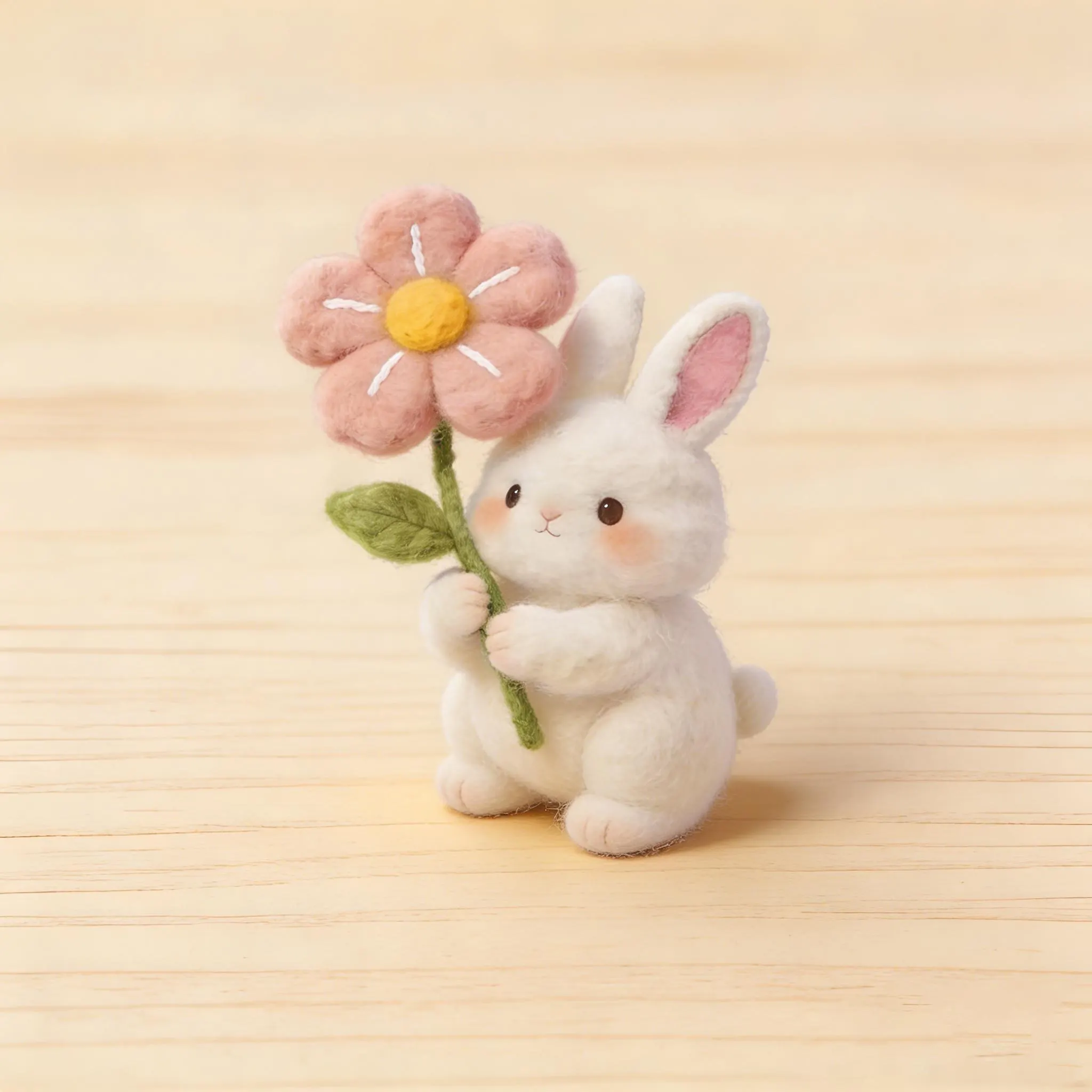 Adorable Felt Rabbit Holding a Flower, Handmade Needle-Felted Craft