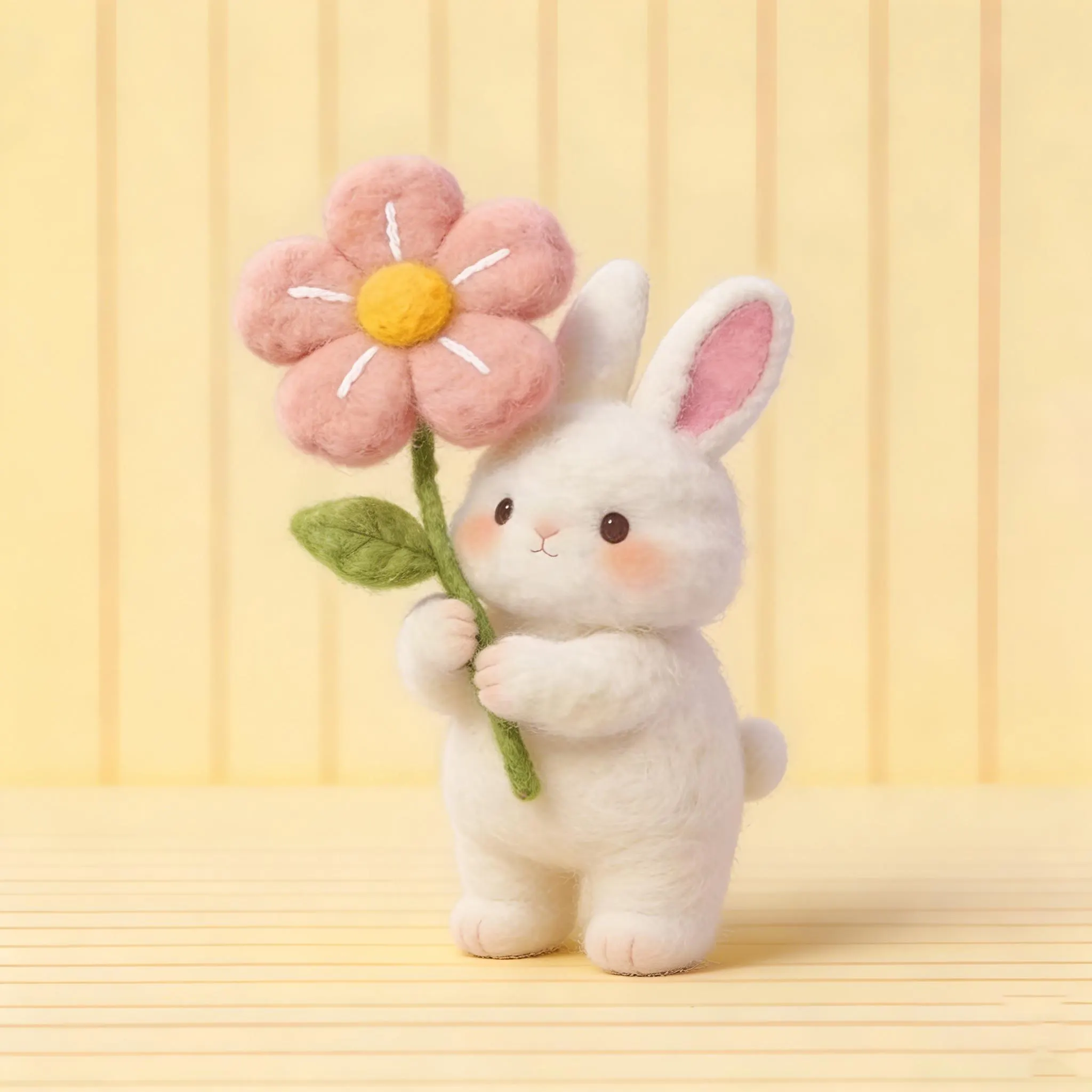 Adorable Felt Rabbit Holding a Flower, Handmade Needle-Felted Craft